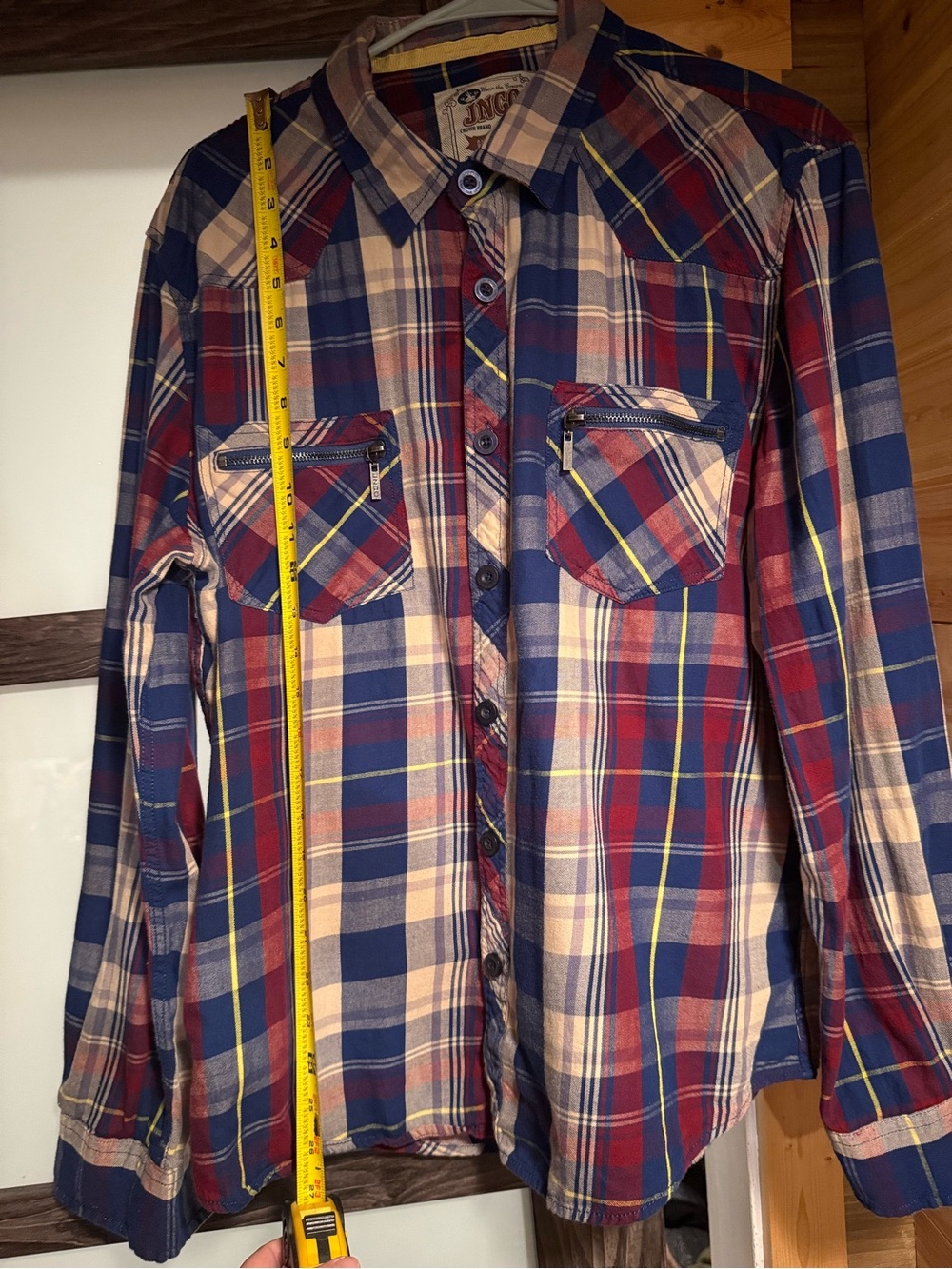 JNCO Plaid Button-Down Shirt in Blue, Red, Tan - Picture 6 of 7